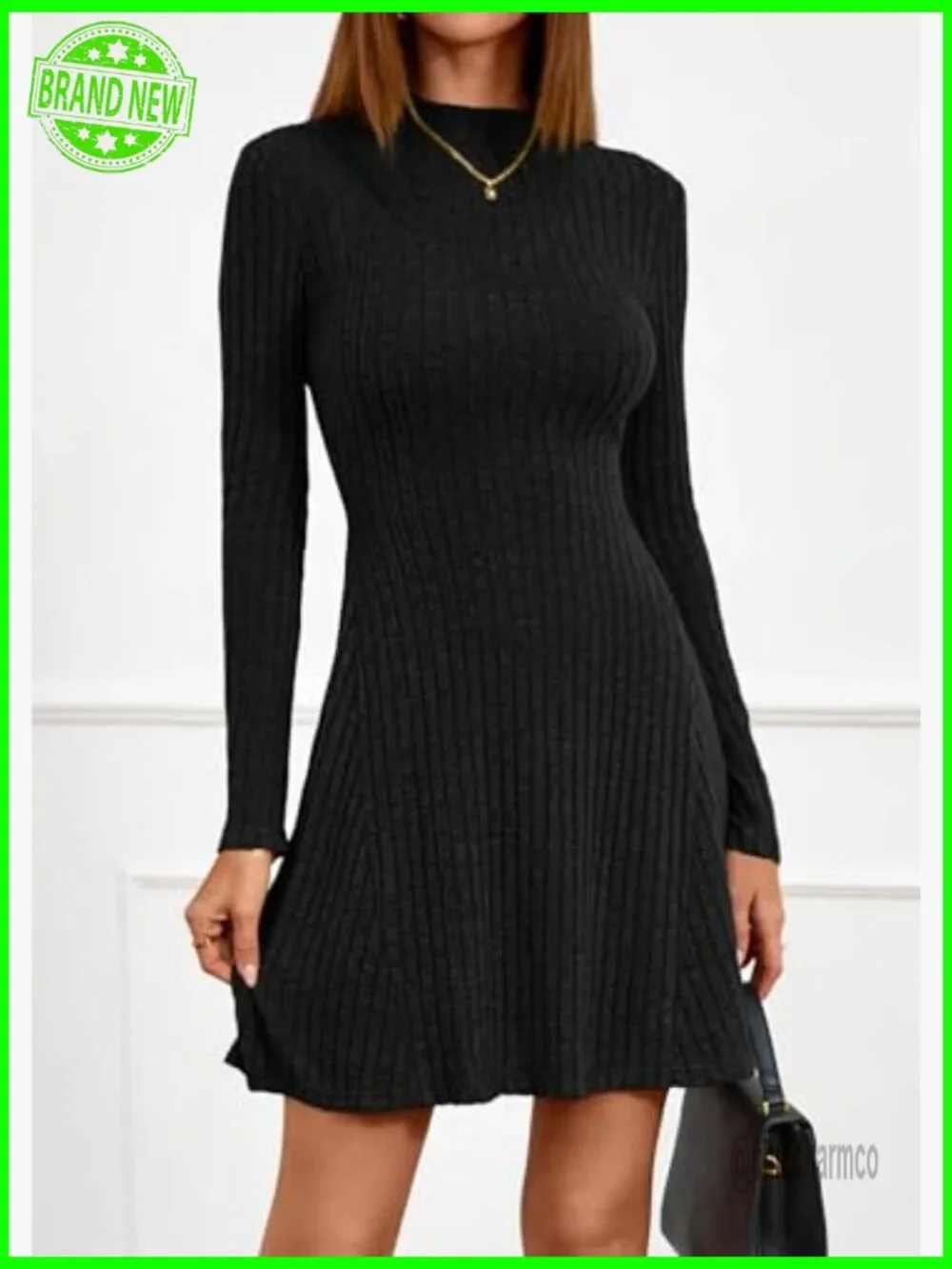 Ribbed Knit Mock Neck A-Line Sweater Dress Long Sleeve Fit Flare - Picture 4 of 6